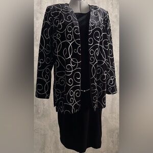 VTG JBS LTD  Blk Velvet Dress Silver Metallic Swirl Jacket Waist Chain Set Sz18w